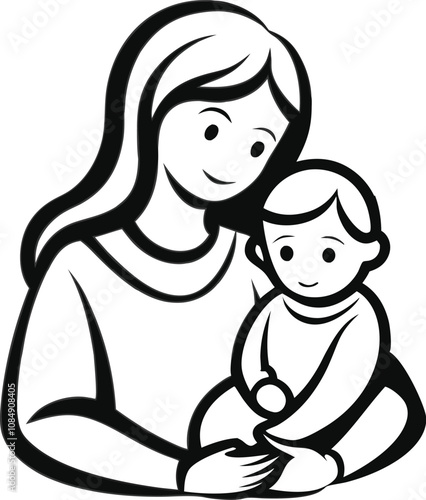 Mothers Day line art vector Single line drawing Woman hold her baby Vector illustration