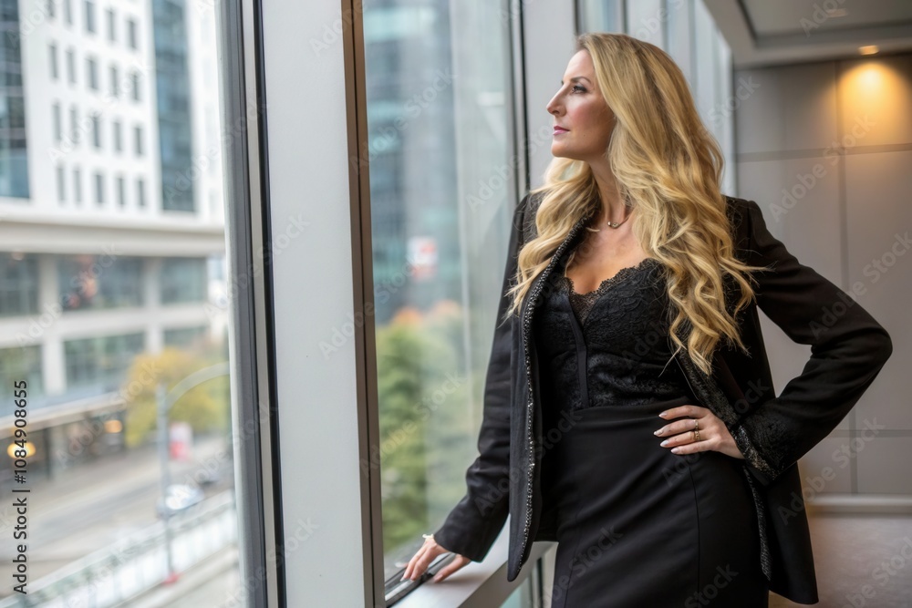 A woman with long hair stands by the window, looking out thoughtfully at the city below. A woman with long hair stands by the window, looking out thoughtfully at the city below.