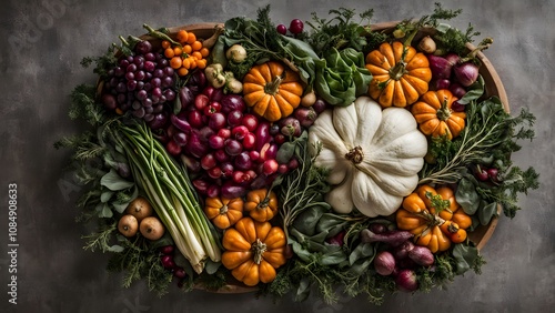 An artistic mix of thanksgiving vegetables and foliage, AI Generated