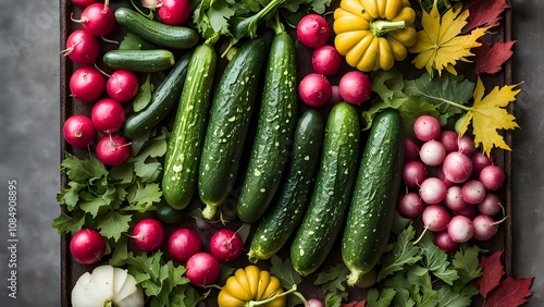 Fresh vegetables like cucumbers and radishes on a backdrop of fall leaves, AI Generated