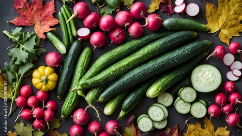 Fresh vegetables like cucumbers and radishes on a backdrop of fall leaves, AI Generated