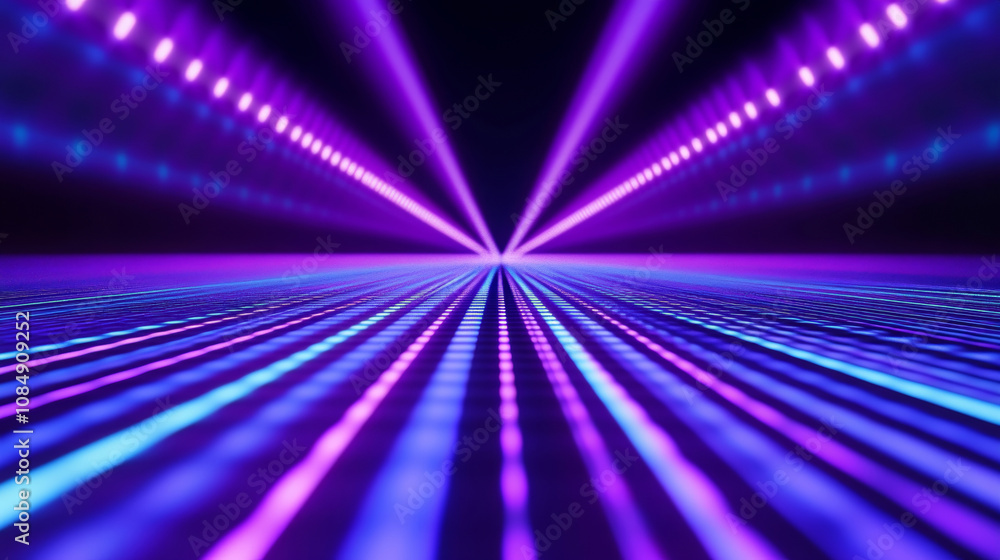 Obraz premium 3D futuristic retro grid purple blue neon light technology digital grid abstract background copy space. pattern with rays lines and dots club bar disco geometric cyberpunk electronic data wallpaper