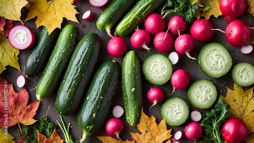 Fresh vegetables like cucumbers and radishes on a backdrop of fall leaves, AI Generated