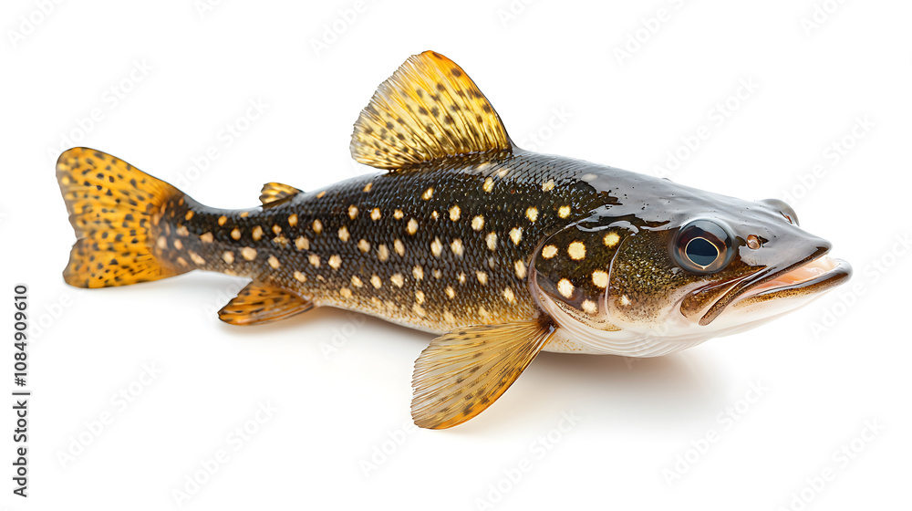 Naklejka premium Freshwater bass fish with distinctive spots and vibrant colors, showcasing its natural beauty and aquatic features. Perfect for nature enthusiasts and fishing lovers