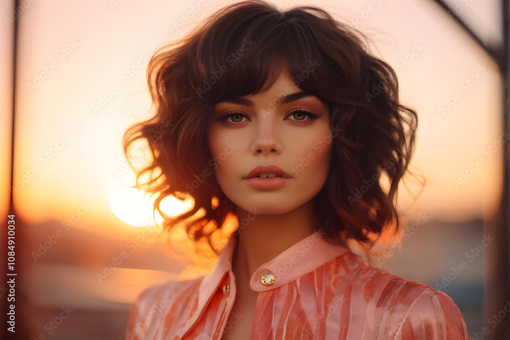 A woman with short hair and a pink jacket is standing in front of a sunset A woman with short hair and a pink jacket is standing in front of a sunset