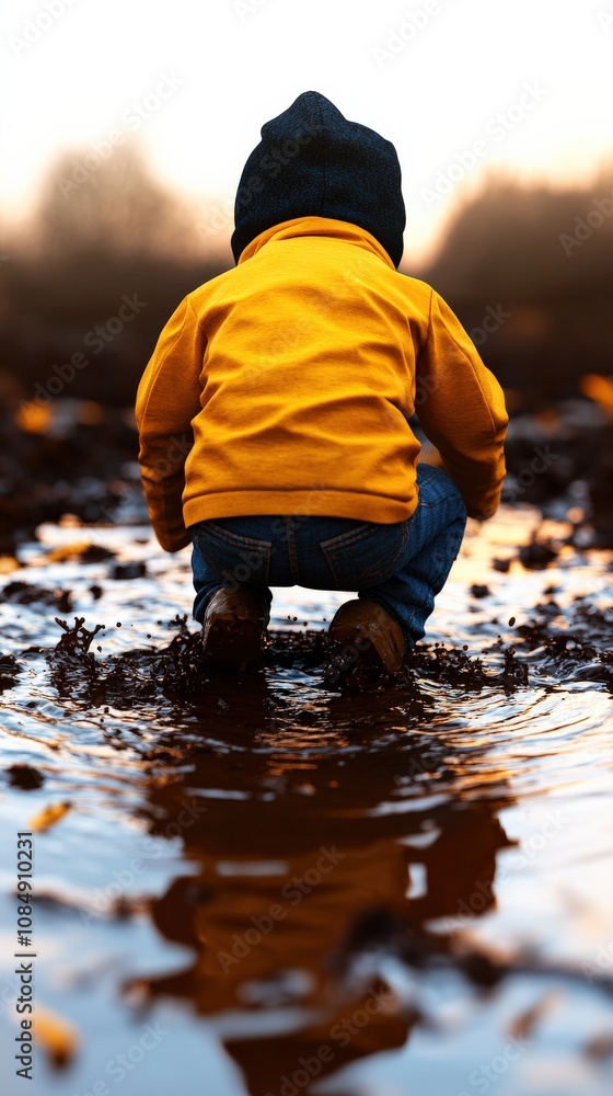 A child in a yellow jacket crouches in still water, surrounded by nature, exploring and enjoying the moment. A child in a yellow jacket crouches in still water, surrounded by nature, exploring and enjoying the moment.