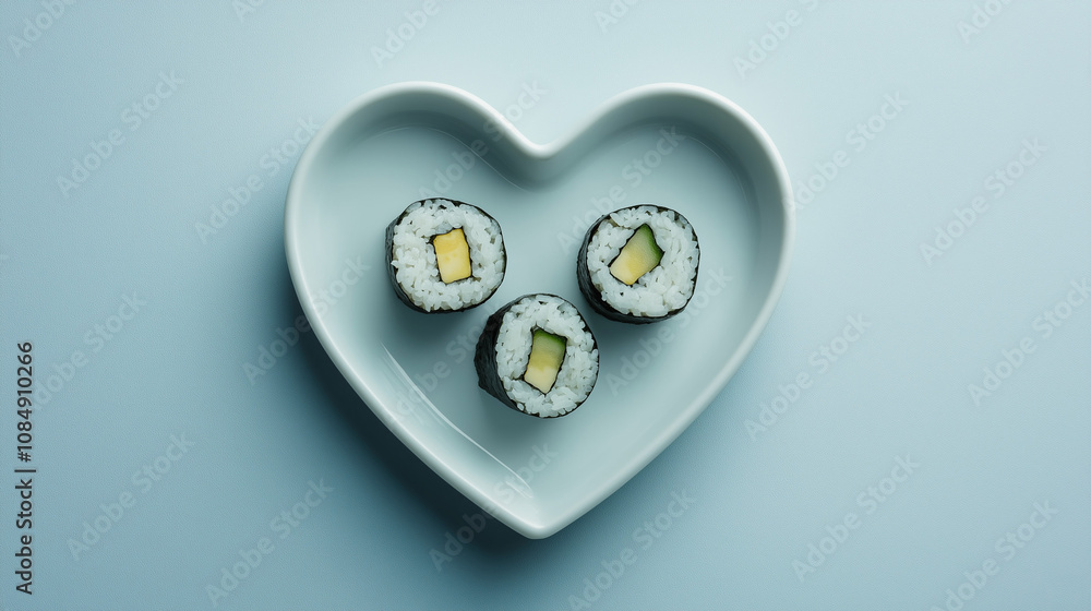 Minimalistic photo of Japanese rolls on a white plate in the shape of a heart on a white background Minimalistic photo of Japanese rolls on a white plate in the shape of a heart on a white background