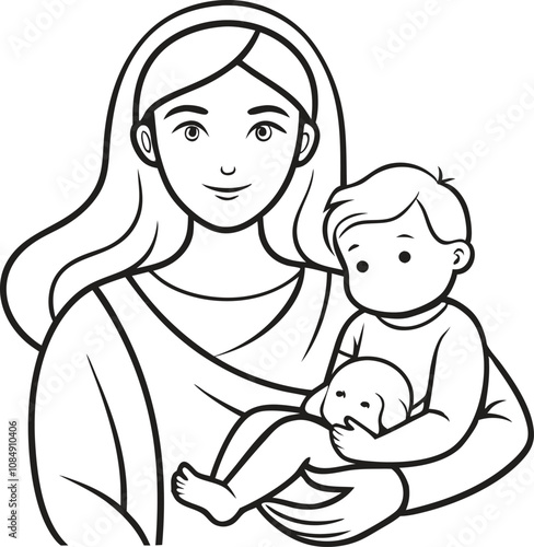 Mothers Day line art vector Single line drawing Woman hold her baby Vector illustration
