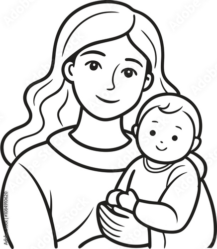 Mothers Day line art vector Single line drawing Woman hold her baby Vector illustration
