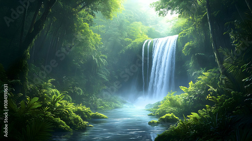 Lush Green Jungle Waterfall Illustration