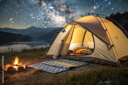 A cozy camping setup by a tranquil lake features a tent illuminated from within, surrounded by sleeping mats and a crackling fire. The starry night sky adds a magical touch, making it ideal for relaxa photo