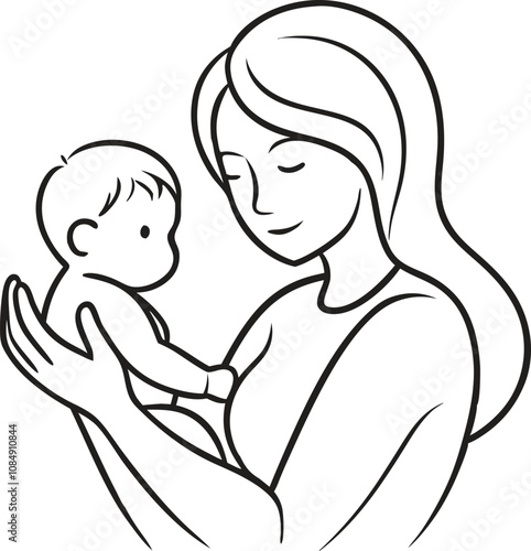 Mothers Day line art vector Single line drawing Woman hold her baby Vector illustration
