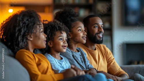 Family of four sitting on a couch, all focused on the TV screen, reactions ranging from surprise to joy, welllit living room with a warm and inviting atmosphere