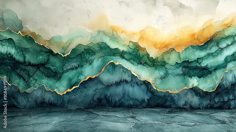 Abstract landscape with layered teal and gold hues, evoking nature's beauty. Abstract landscape with layered teal and gold hues, evoking nature's beauty.