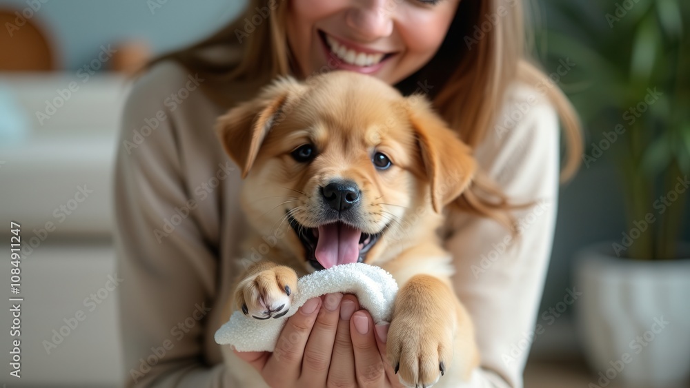 A cheerful woman interacts with an adorable puppy, sharing a joyful moment together. A cheerful woman interacts with an adorable puppy, sharing a joyful moment together.