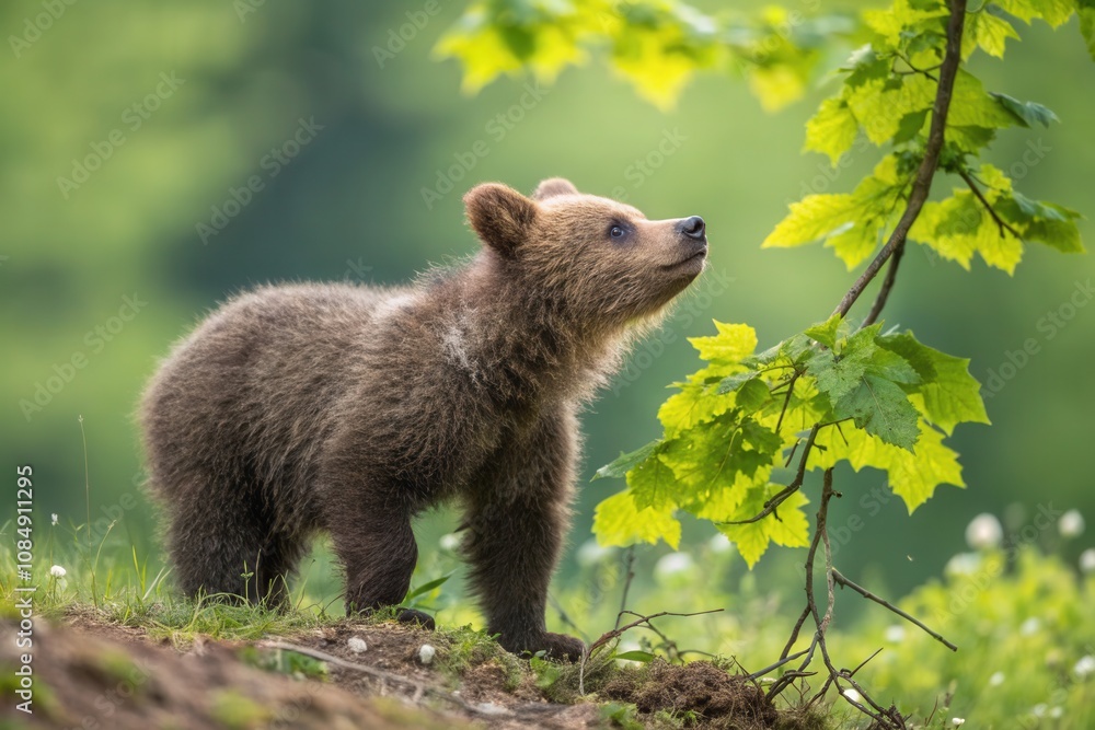 Fototapeta premium A bear cub curiously examines the leaves on a tree in a vibrant forest filled with greenery.