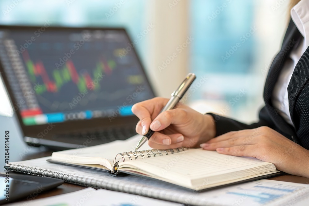 A person writes notes in a notebook while reviewing stock market trends on a laptop. A person writes notes in a notebook while reviewing stock market trends on a laptop.