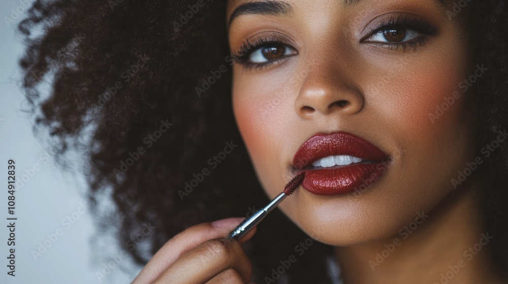 Woman with curly hair applying red lipstick with a brush Woman with curly hair applying red lipstick with a brush