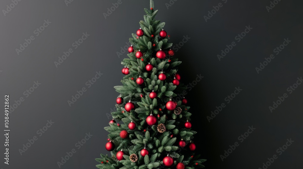 Fototapeta premium Christmas tree with red ornaments against a dark background.