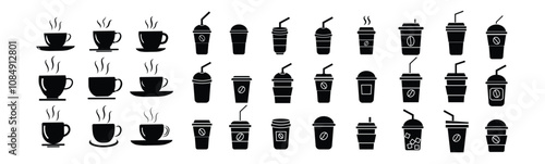 Coffee/tea cup line web icons. Disposable coffee cup.  beverage, tea, coffee cup icon/symbol. Coffee paper cup, plastic container for hot and cold drink, juice, tea. Vector illustration.