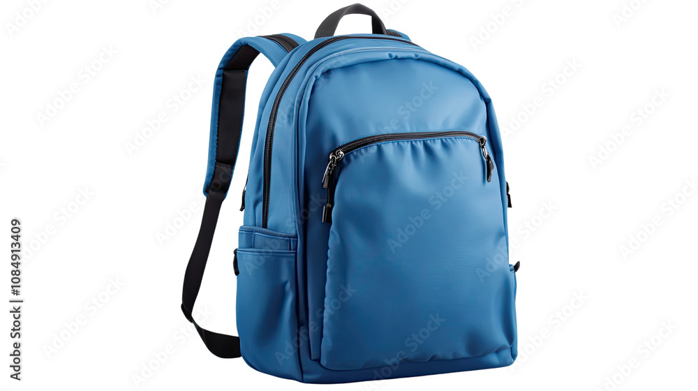 Fototapeta premium A blue backpack isolated on a white background with a zipper, handle, and accessories for travel, school, or hiking