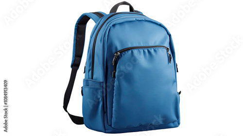 A blue backpack isolated on a white background with a zipper, handle, and accessories for travel, school, or hiking photo