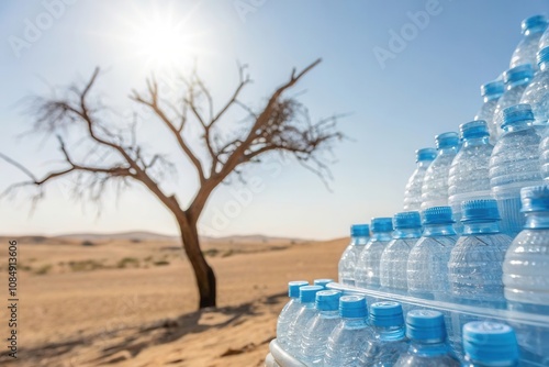 A clear view of stacked plastic water bottles rests on parched sand, with a solitary, leafless tree in the background. Bright sunlight casts a warm glow over the arid landscape, highlighting the need  photo