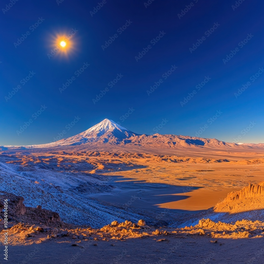 Naklejka premium Moon Valley Panorama with Snowy Andes Mountains in Background, Atacama Desert, Chile