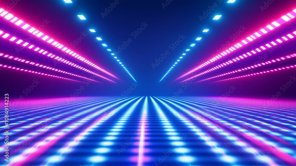 Obraz premium 3D futuristic retro grid colorful rainbow neon light technology digital grid abstract background copy space. pattern with rays lines and dots club bar disco geometric cyberpunk electronic dance wallpa