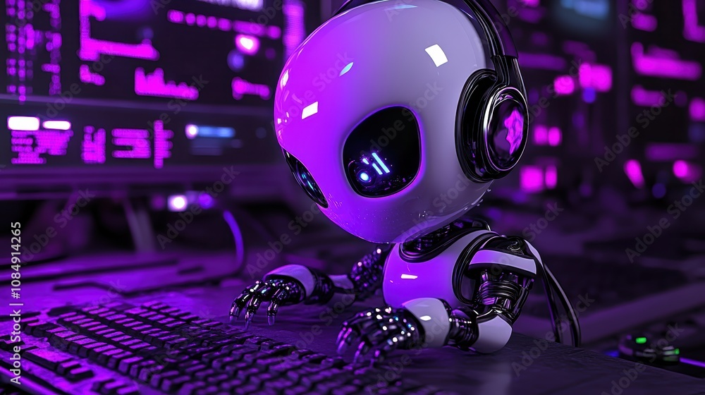 Fototapeta premium Cute Robot Coding in Purple Neon Room AI Technology Future