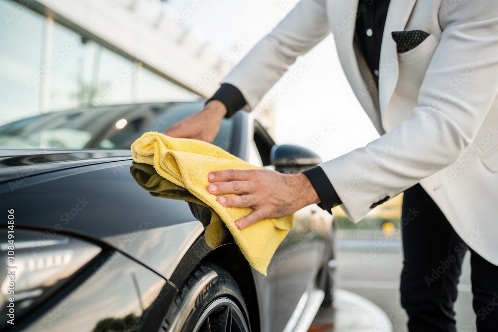 A well-dressed man is polishing a luxury black car using a yellow microfiber cloth in an outdoor parking area. The time of day appears to be bright and sunny, highlighting the car's shiny surface and A well-dressed man is polishing a luxury black car using a yellow microfiber cloth in an outdoor parking area. The time of day appears to be bright and sunny, highlighting the car's shiny surface and