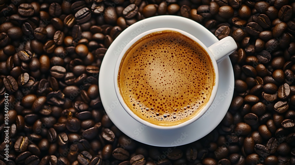 Coffee cup with coffee beans on brown background closeup Coffee cup with coffee beans on brown background closeup