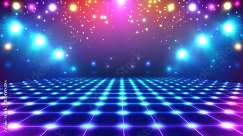 3D futuristic retro grid colorful rainbow neon light technology digital grid abstract background copy space. pattern with rays lines and dots club bar disco geometric cyberpunk electronic dance wallpa