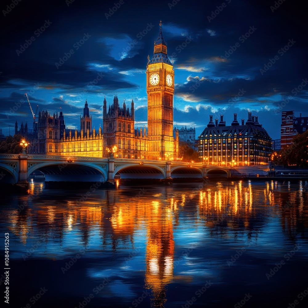 London Nightscape: Illuminated Big Ben, Westminster Palace & Bridge over Thames London Nightscape: Illuminated Big Ben, Westminster Palace & Bridge over Thames