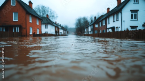 A swollen river breaking its banks and flooding nearby homes, with villagers wading through kneedeep water, riverbank flood, village under water