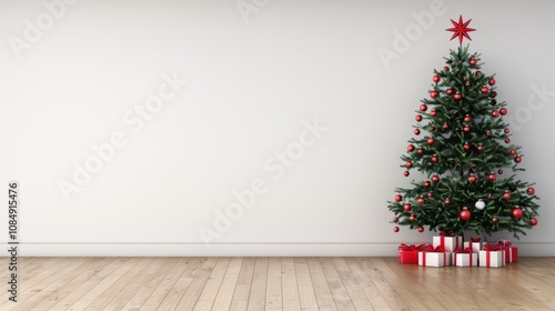 Christmas tree with red ornaments and gifts.