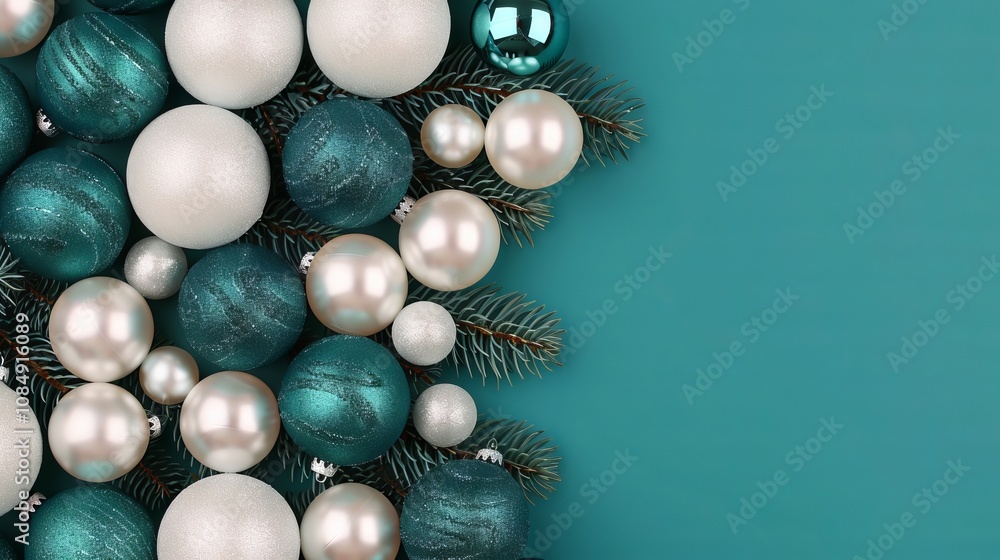 Teal and white Christmas ornaments arranged on a teal background. Teal and white Christmas ornaments arranged on a teal background.
