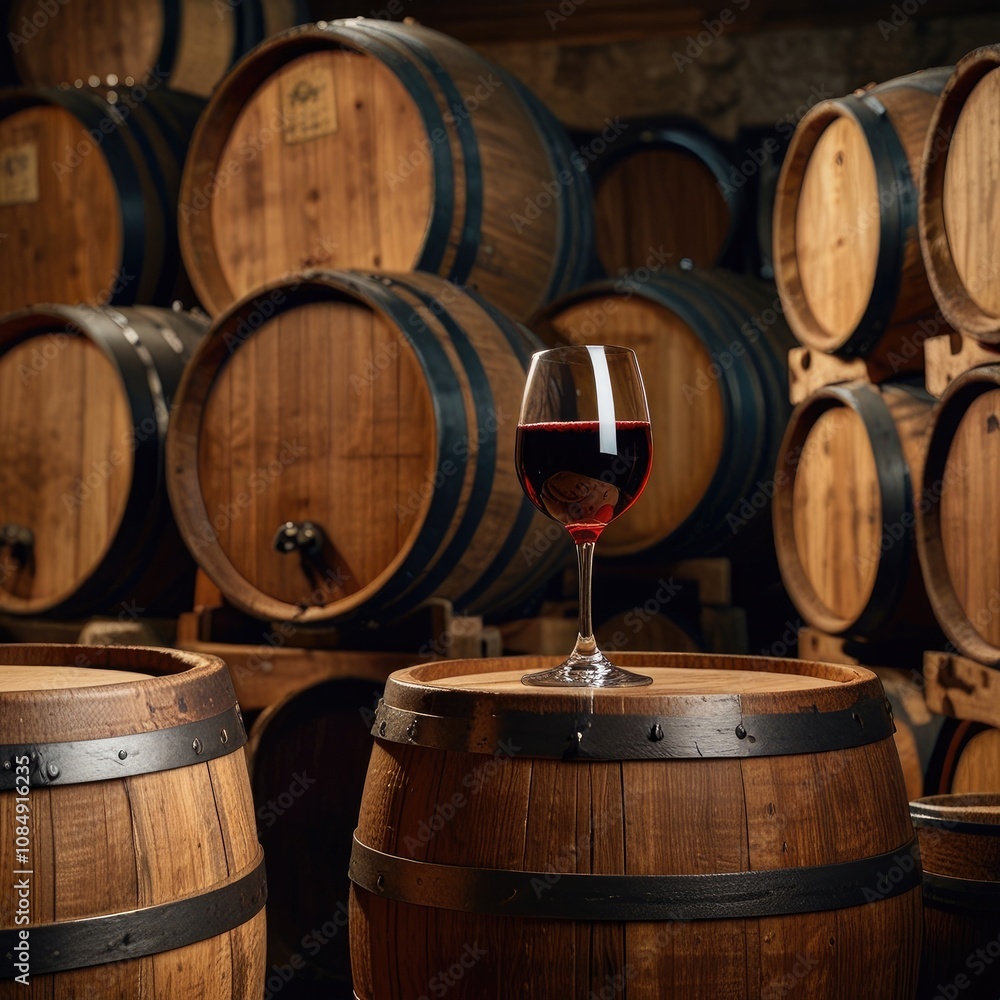 Fototapeta premium The concept of producing and tasting strong alcoholic beverages, In a classic basement with rows of wine barrels, a glass of red wine rests on an oak barrel.