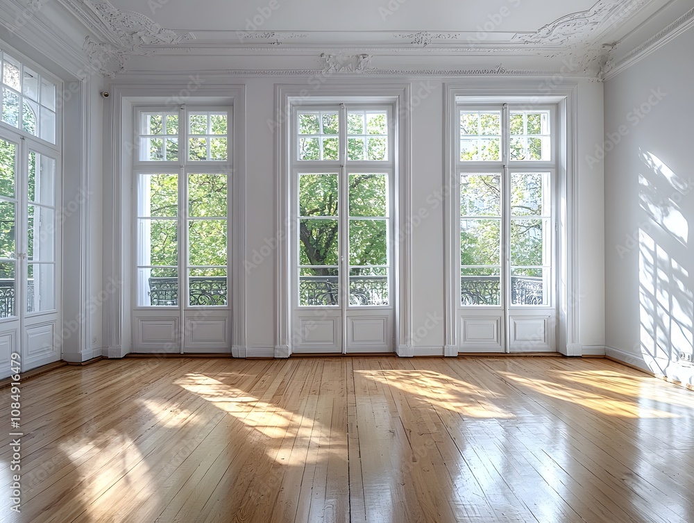 Fototapeta premium Bright and Airy Empty Room with Large Windows and Sunlight Streaming In, Ideal for Interior Design and Decoration Concepts, Showcasing Natural Light and Elegant Architecture
