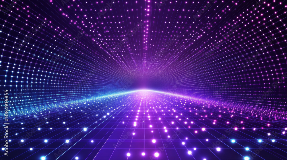 Fototapeta premium 3D futuristic retro grid purple blue neon light technology digital grid abstract background copy space. pattern with rays lines and dots club bar disco geometric cyberpunk dance LED wallpapaer