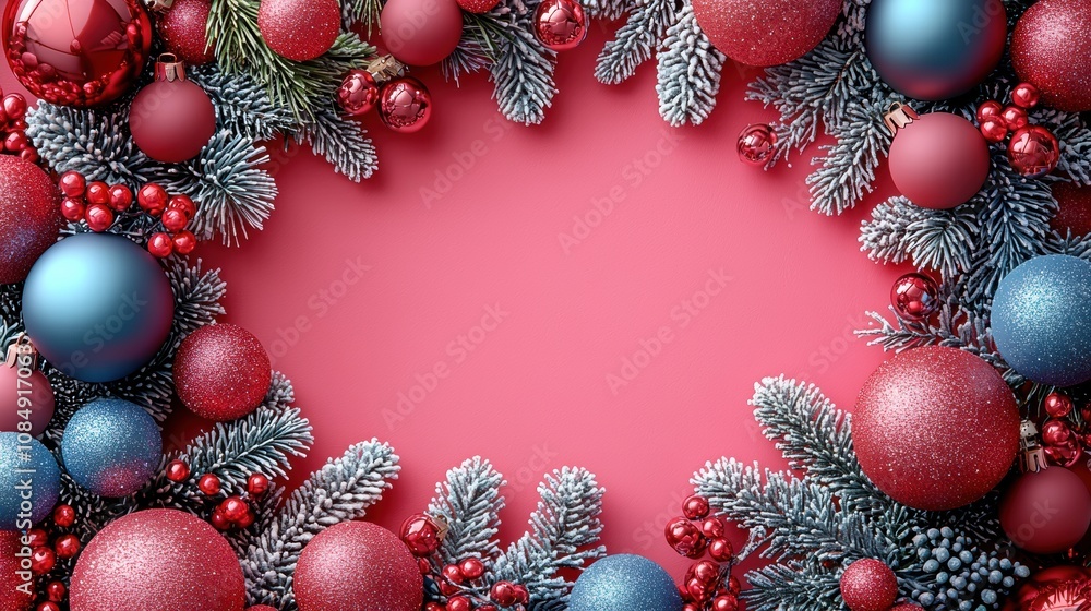 Festive Holiday Wreath: A vibrant Christmas wreath composed of frosted pine branches, red and blue baubles, and red berries, forming a festive frame on a blush pink backdrop. Festive Holiday Wreath: A vibrant Christmas wreath composed of frosted pine branches, red and blue baubles, and red berries, forming a festive frame on a blush pink backdrop.