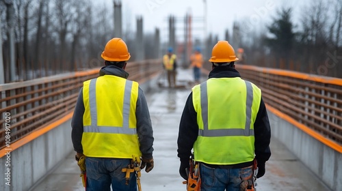 Half-Completed Bridge with Workers in Reflective Vests and Safety Harnesses Showcasing