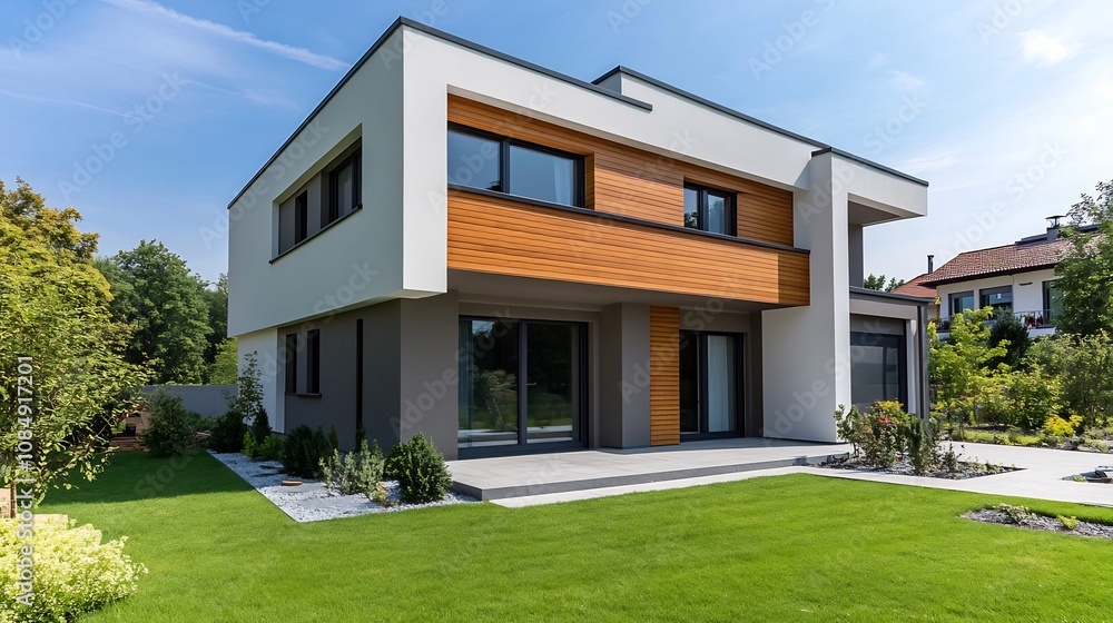 Modern Wooden Frame House Under Construction in Lush Landscaping Modern Wooden Frame House Under Construction in Lush Landscaping