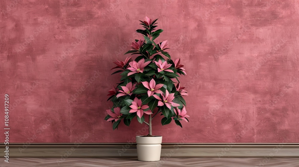 Fototapeta premium Pink poinsettia plant in a pot against a textured wall.