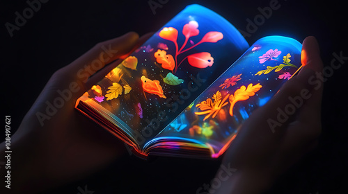 A compact, foldable e-book with a flexible OLED screen, displaying vibrant illustrations and text that adapt based on the reader's preferences and input 
