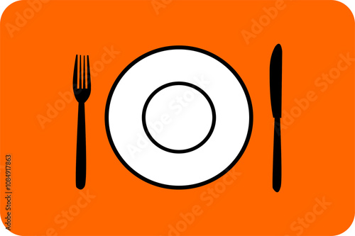 plate with knife and fork cutlery on orange square background