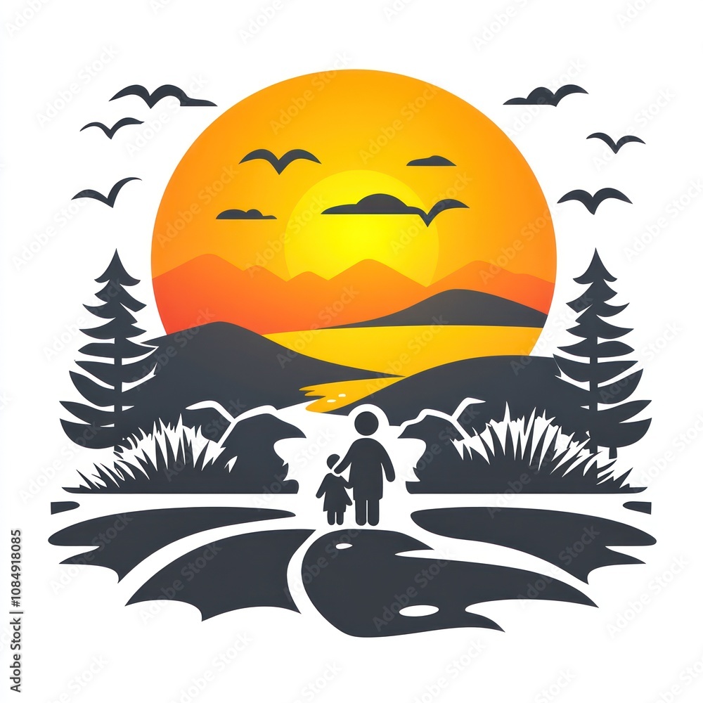 Here's a description and keywords for your image.. Sunset stroll, parent and child walking a scenic path. Here's a description and keywords for your image.. Sunset stroll, parent and child walking a scenic path.