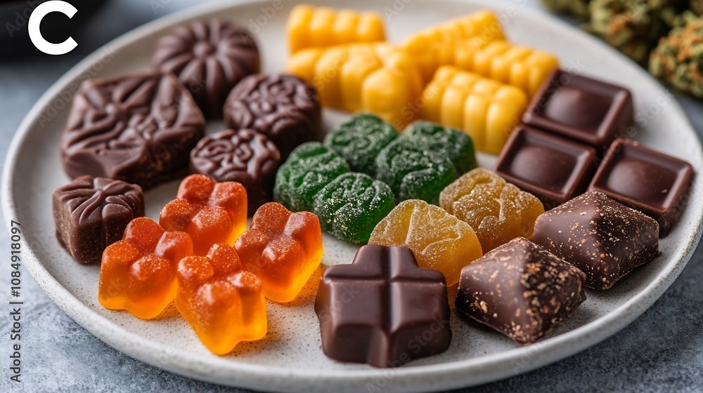 Neatly Arranged Cannabis-Infused Edible Treats on a Plate,Showcasing Variety and Presentation Neatly Arranged Cannabis-Infused Edible Treats on a Plate,Showcasing Variety and Presentation
