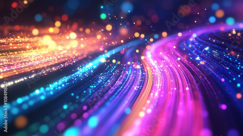 3D dynamic abstract neon light streak trail technology virtual reality background. cyberpunk futuristic fashion vibrant line modern colorful rainbow glow glossy striking wallpaper 
