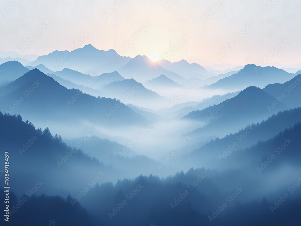 Obraz premium A foggy mountain landscape at dawn. The mountains should appear as silhouettes and the mist should create layers for an abstract background.